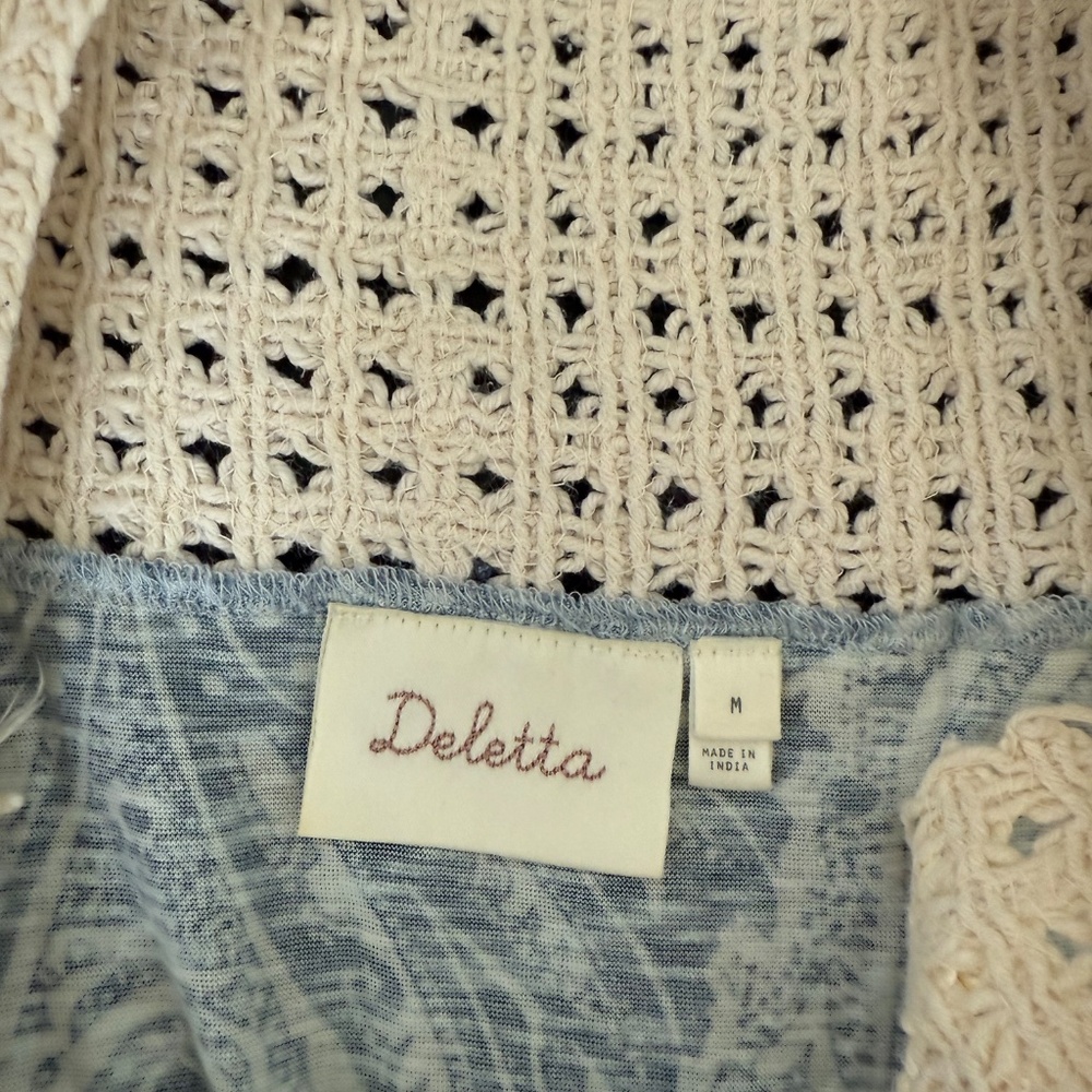 Anthropologie Blue Crocheted Trim Sleeveless Blouse - Delete - Picture 3 of 4